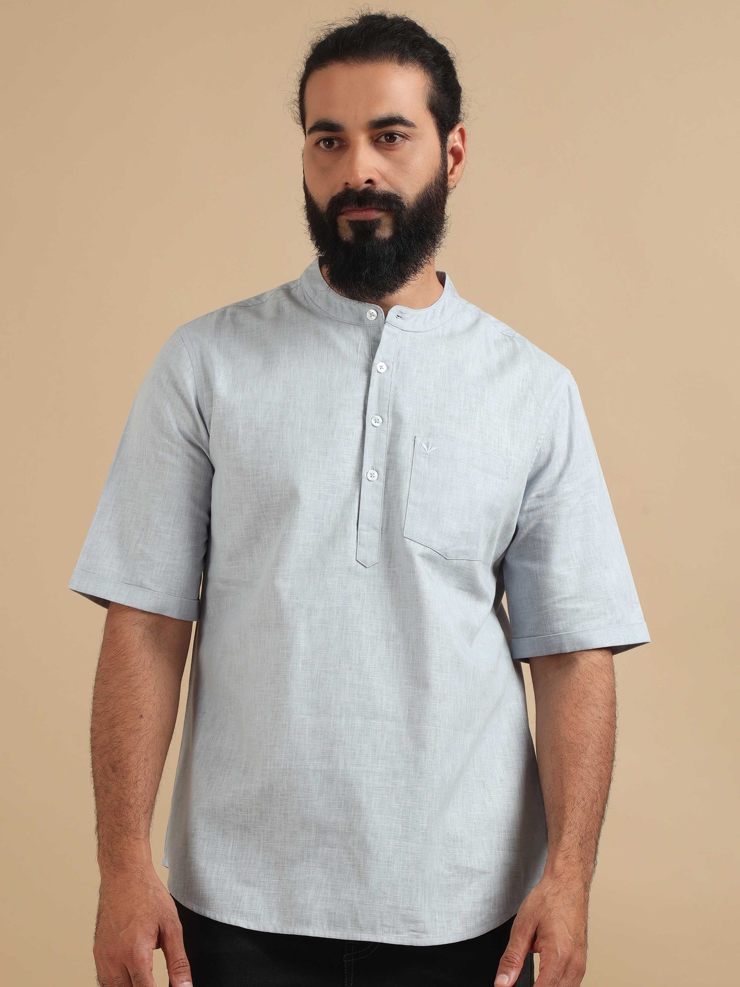 Moon Blue Cotton Short Kurta For Men