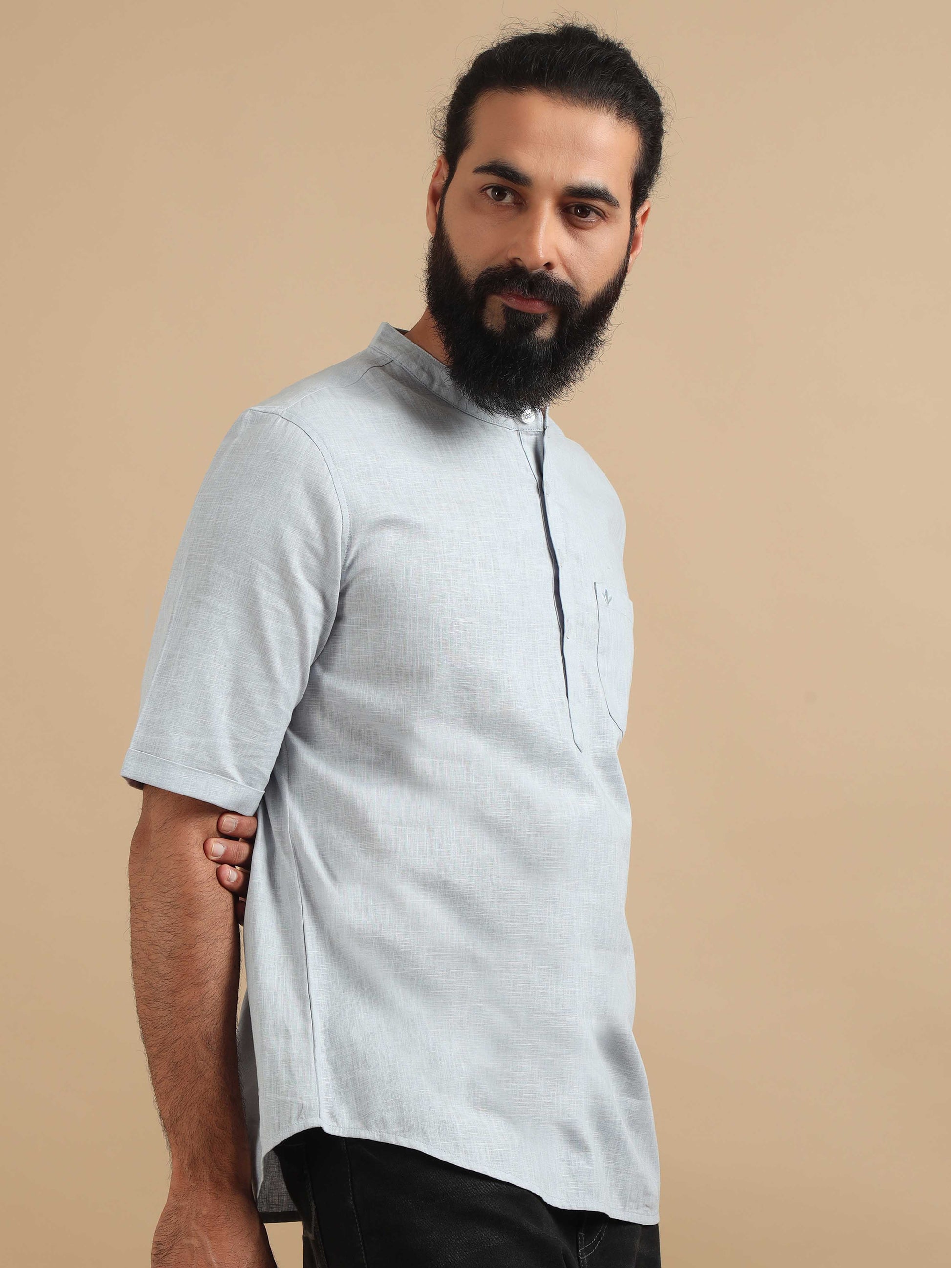 Moon Blue Cotton Short Kurta For Men