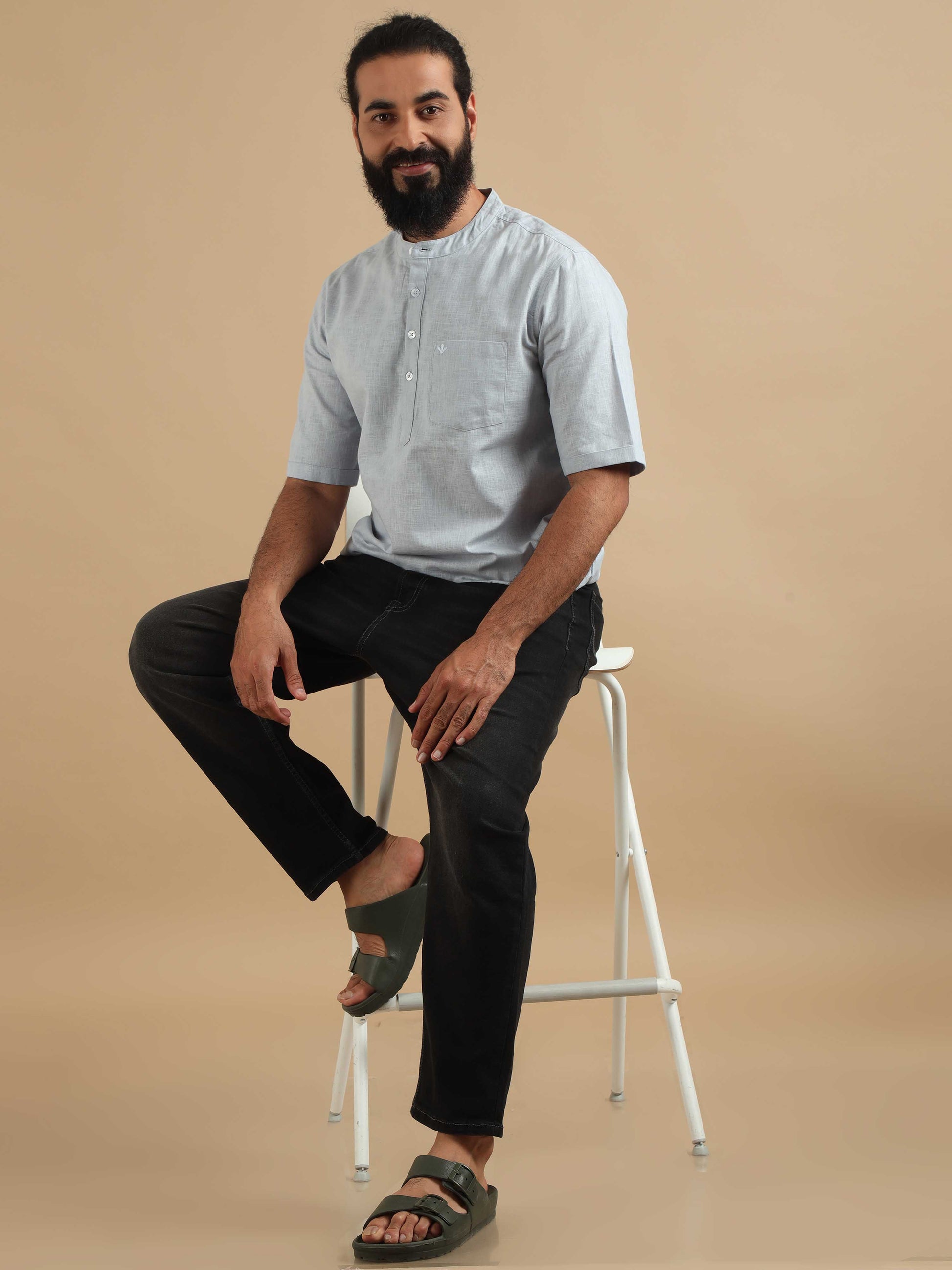 Moon Blue Cotton Short Kurta For Men