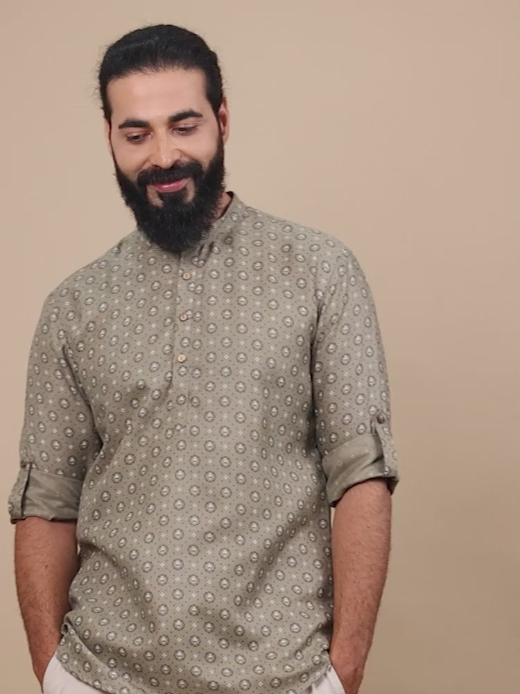 Grey printed half kurta for Men