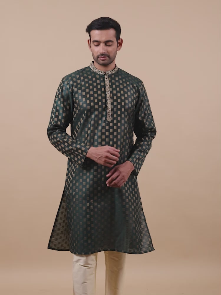 Embroidered Bottle Green Long Kurta for Men