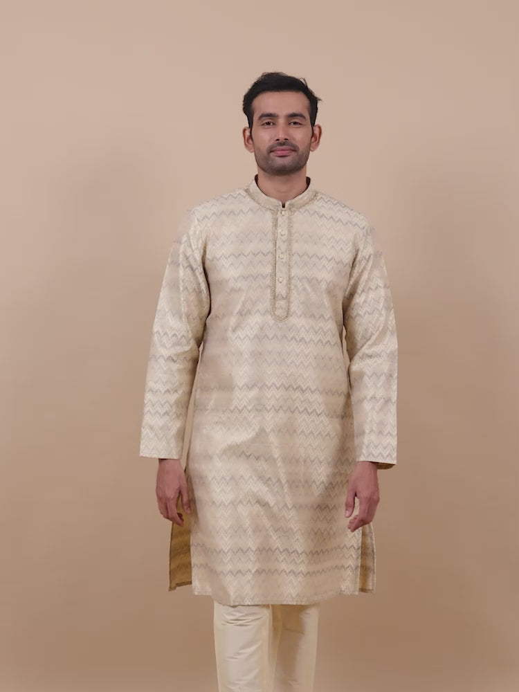 Beige and Grey Banarasi Brocade Long Kurta for Men