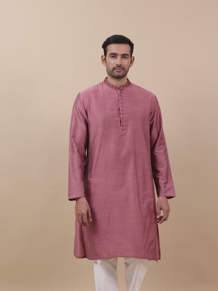 Dusty Rose Embroidered Long Kurta for Men