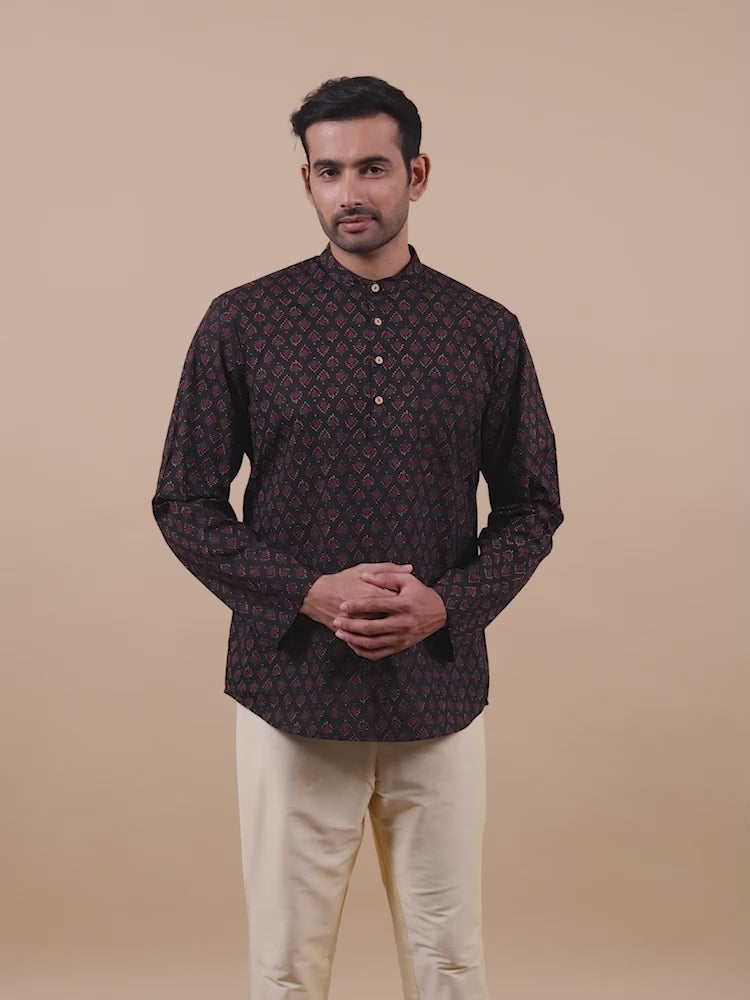 Black Jaipur Print Short Kurta for Men
