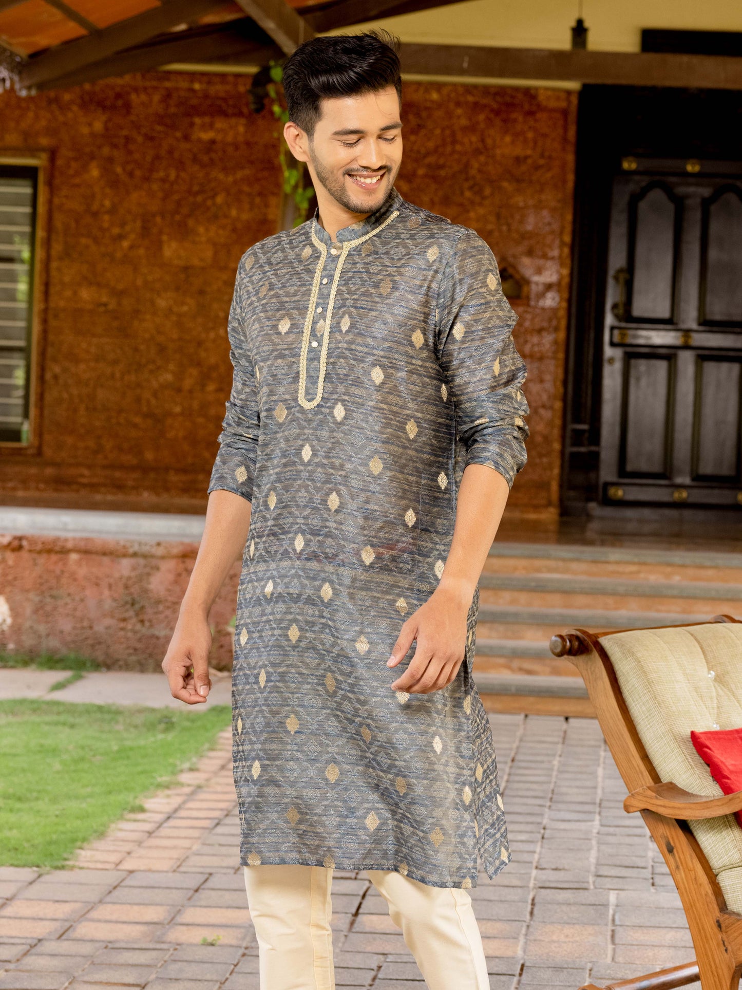 Moon Grey Banarasi Buta Long Kurta