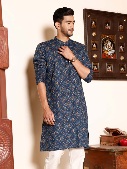 Jaipur Print Blue Long Kurta for Men