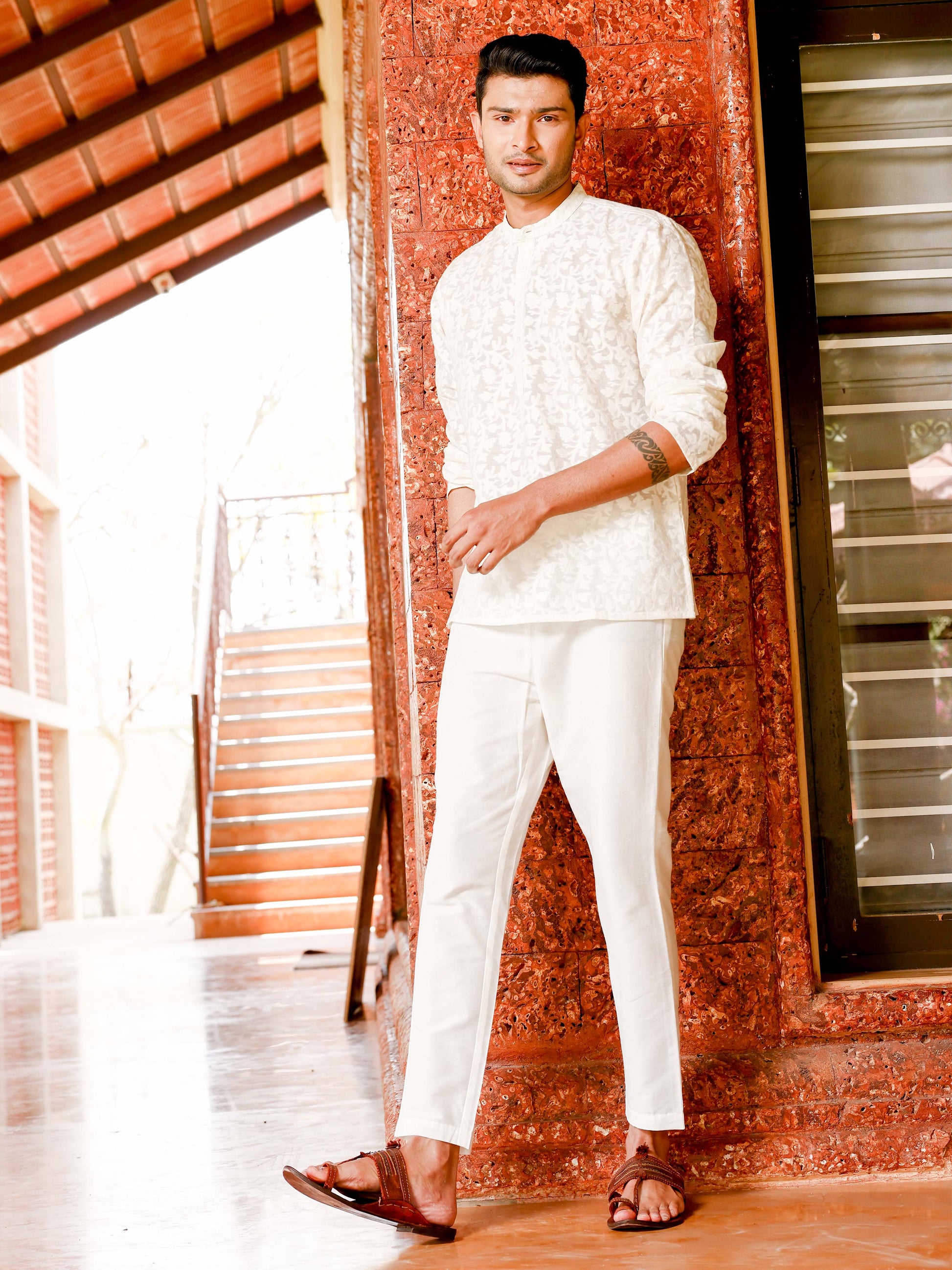 White New Short Kurta Style Shop Trendy White Banarasi Kora Floral