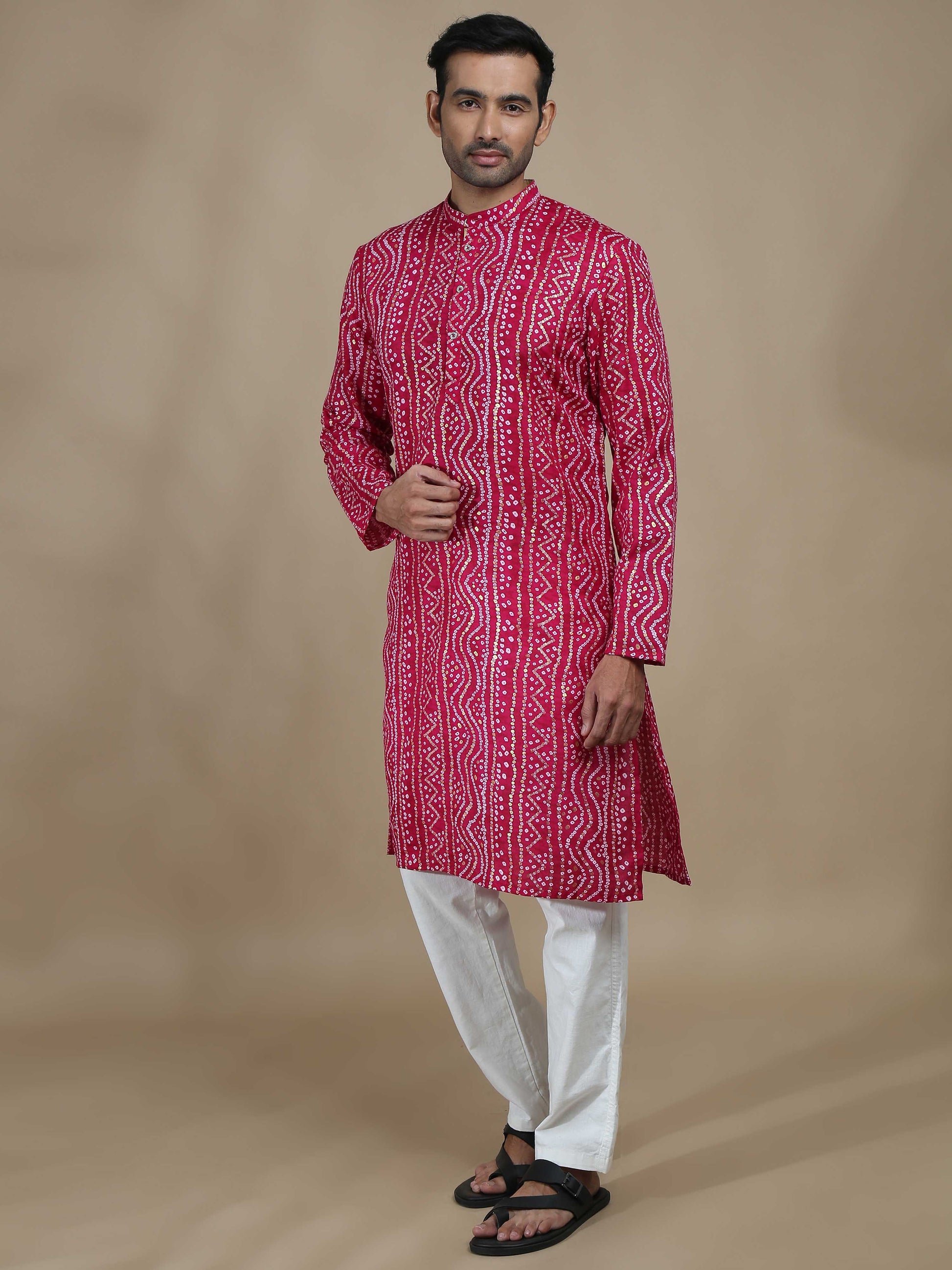 Pink Bandhani Long Printed Kurta for Men