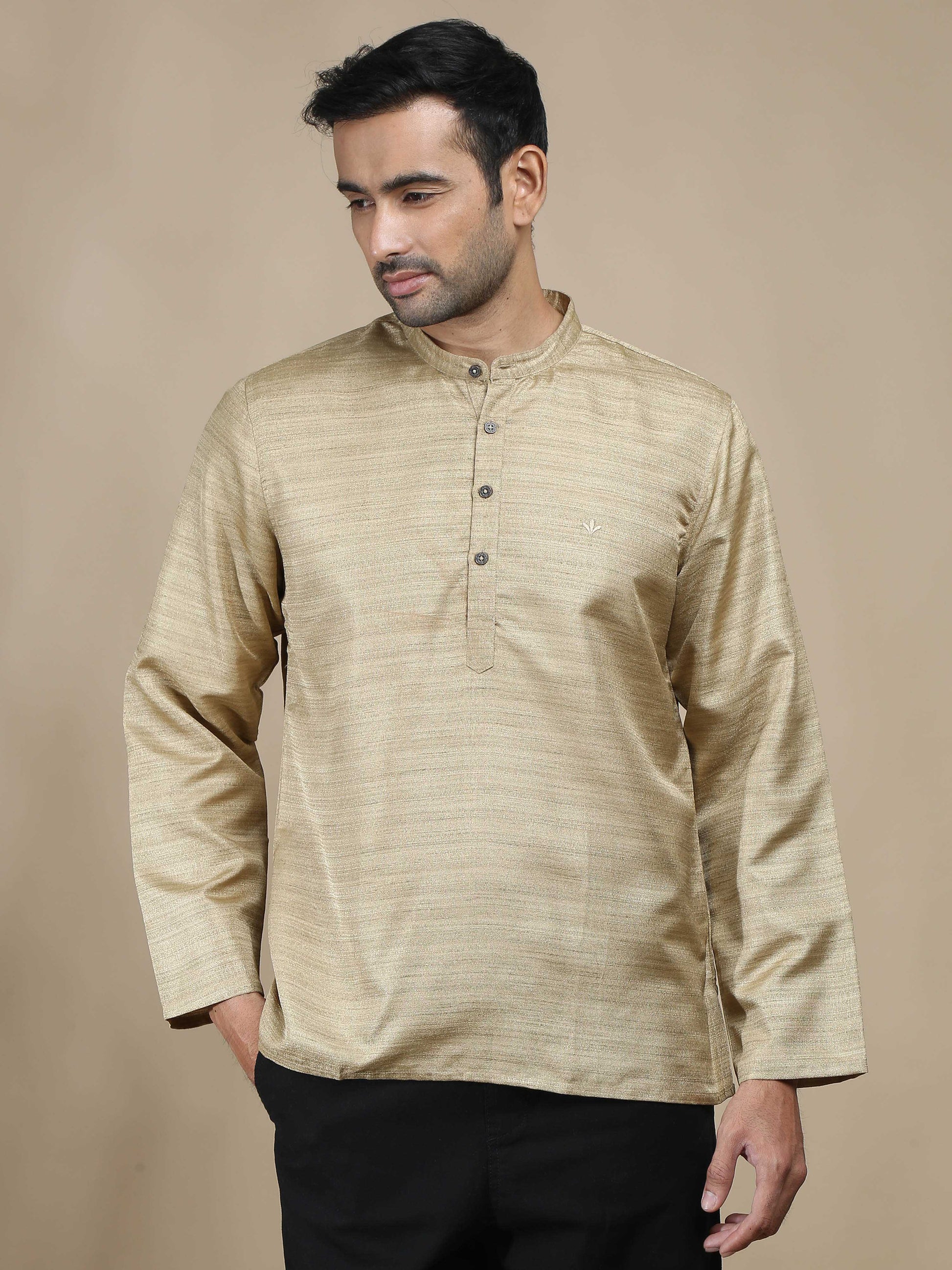 Beige Textured Short Kurta for Men