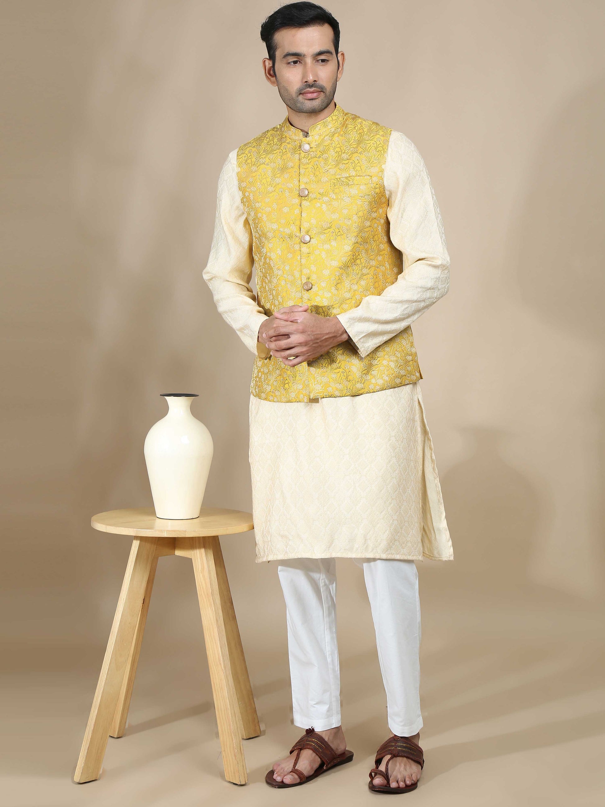 Yellow Brocade Nehru Jacket for Men