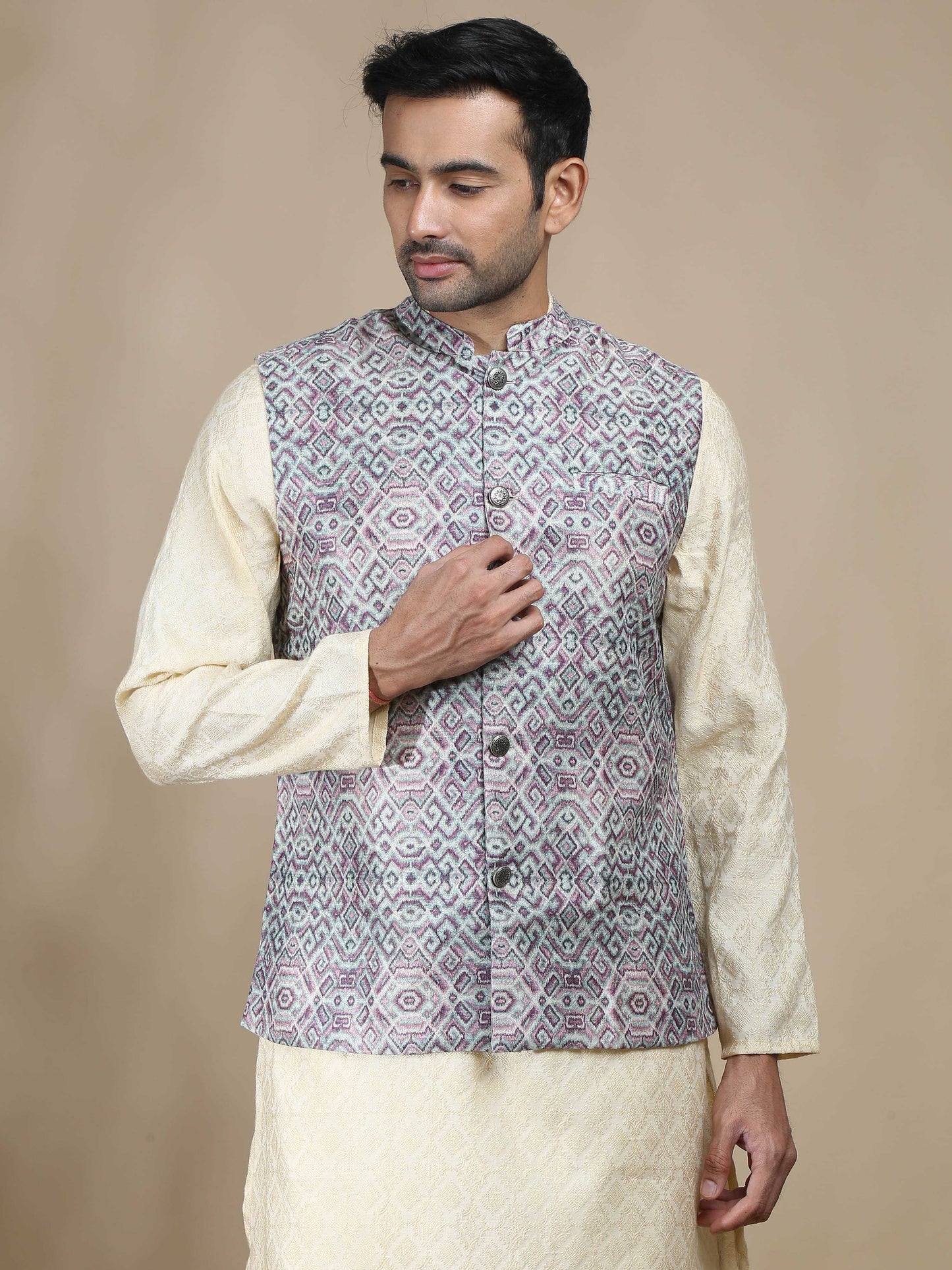 Purple and Beige Banarasi Nehru Jacket