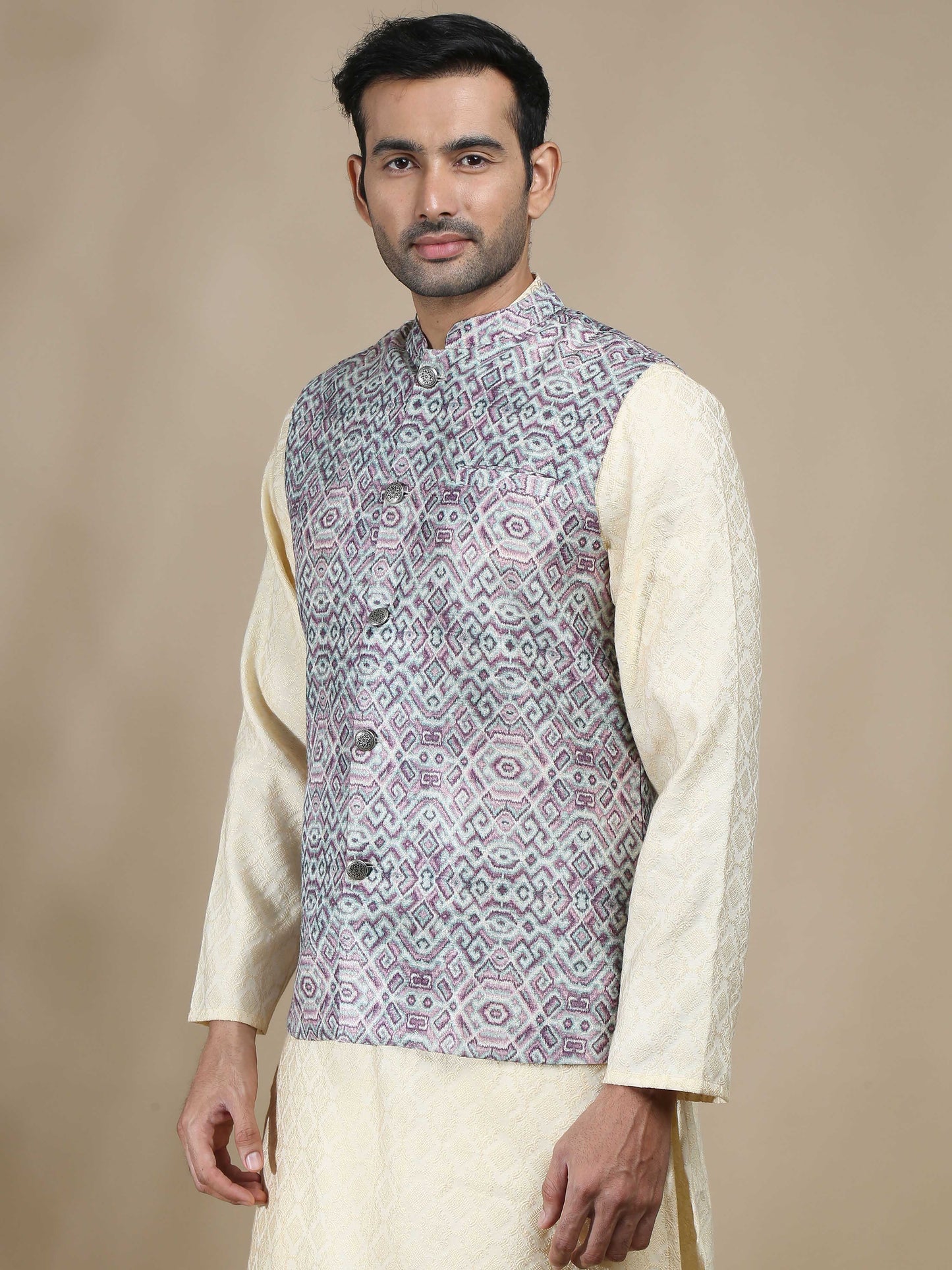 Purple and Beige Banarasi Nehru Jacket