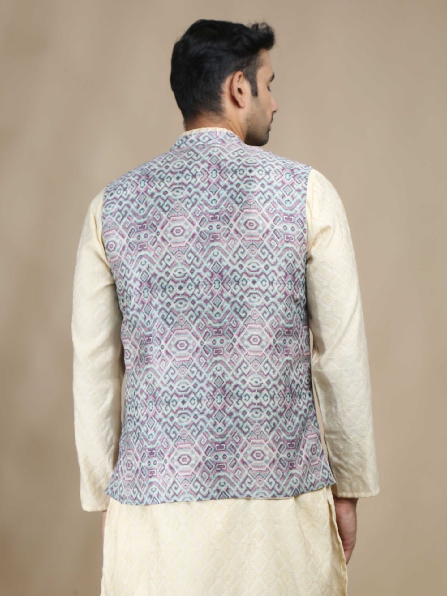 Purple and Beige Banarasi Nehru Jacket