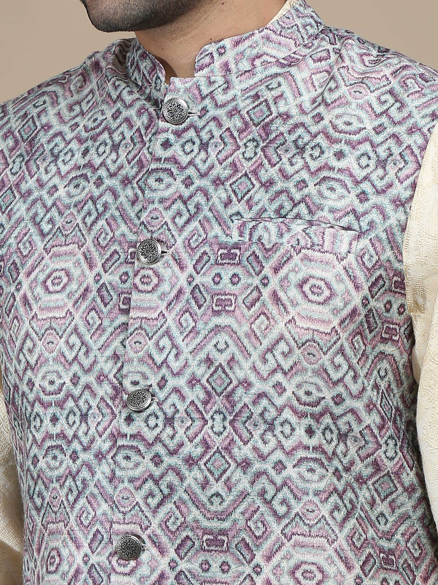 Purple and Beige Banarasi Nehru Jacket