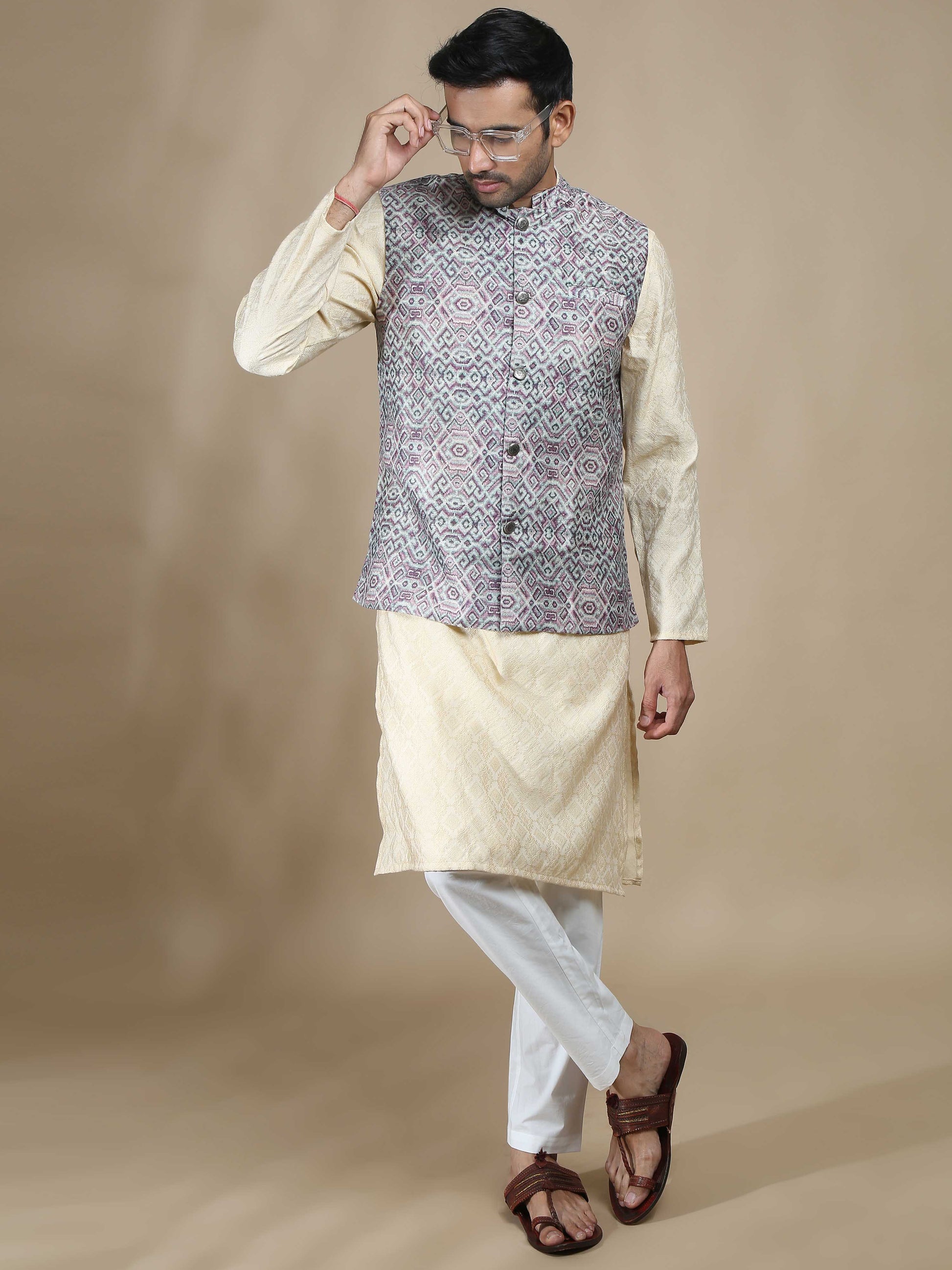 Purple and Beige Banarasi Nehru Jacket