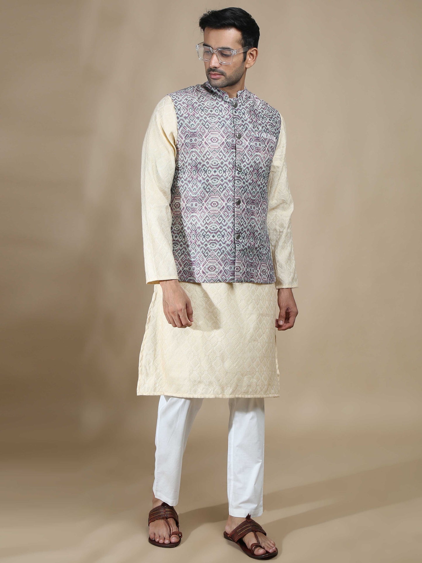 Purple and Beige Banarasi Nehru Jacket