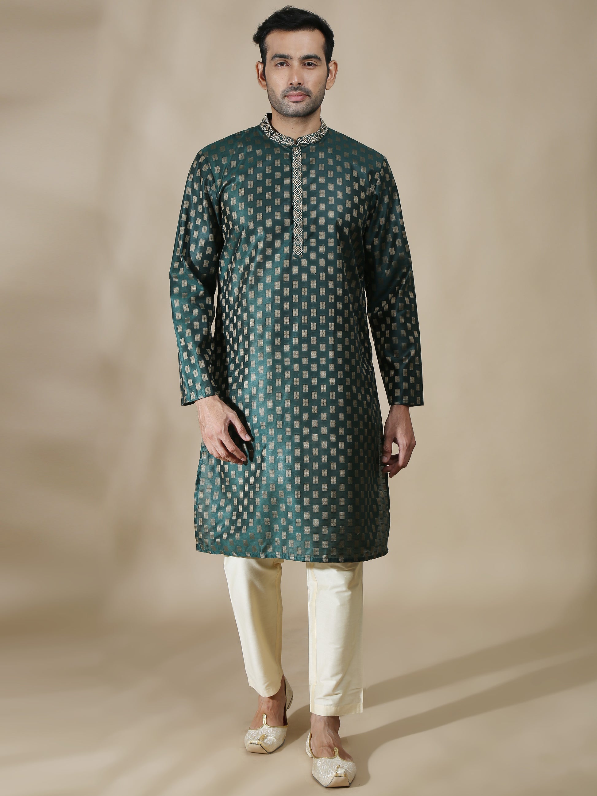 Embroidered Bottle Green Long Kurta for Men 