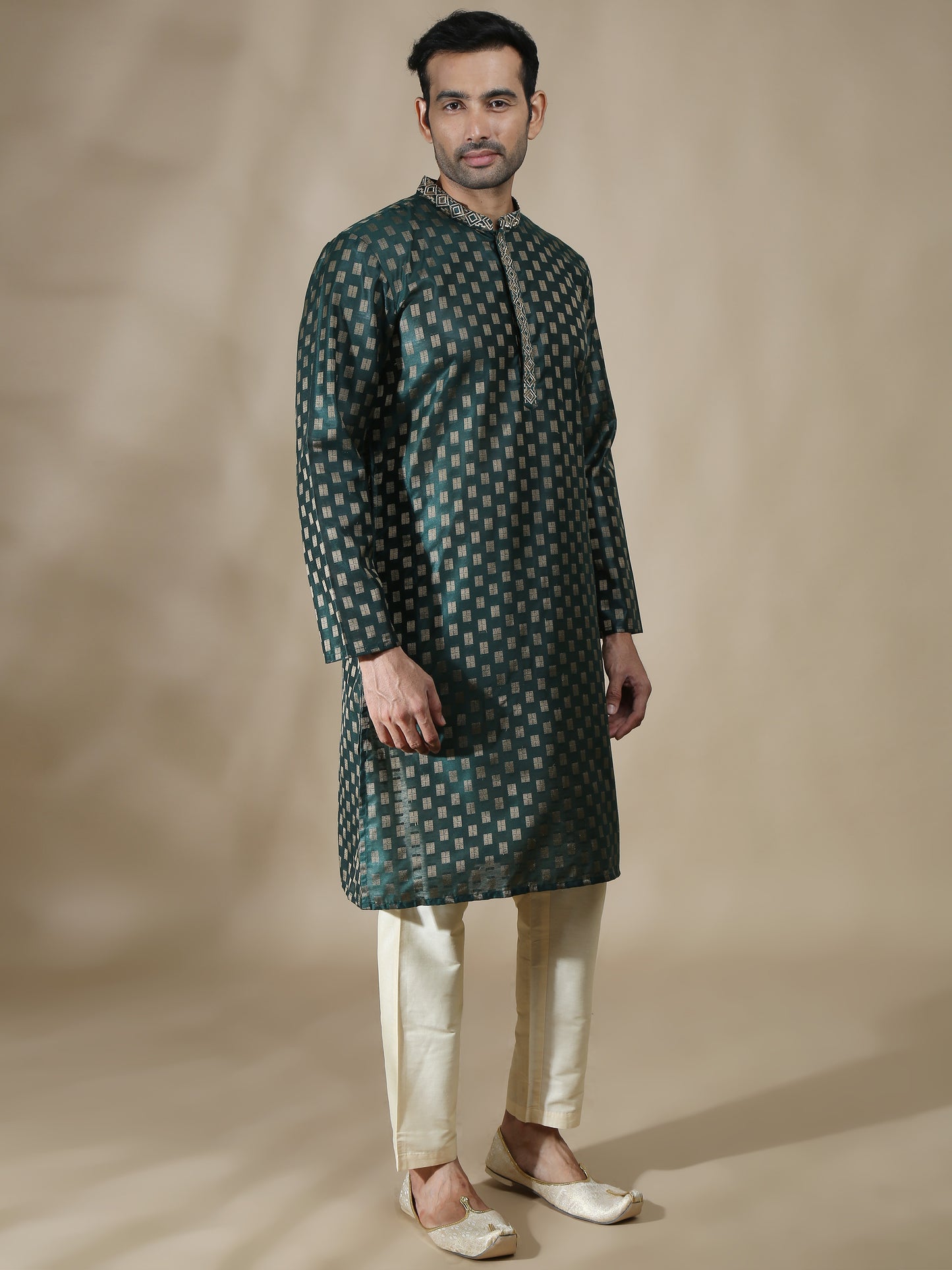 Embroidered Bottle Green Long Kurta for Men 