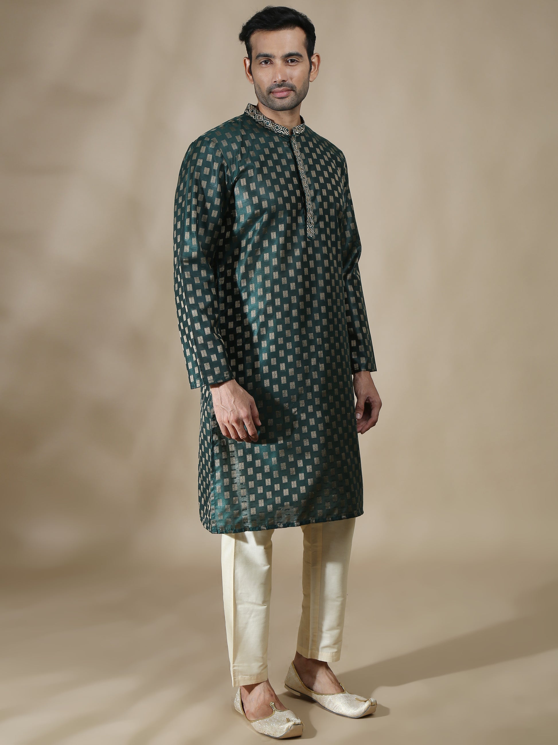 Embroidered Bottle Green Long Kurta for Men 