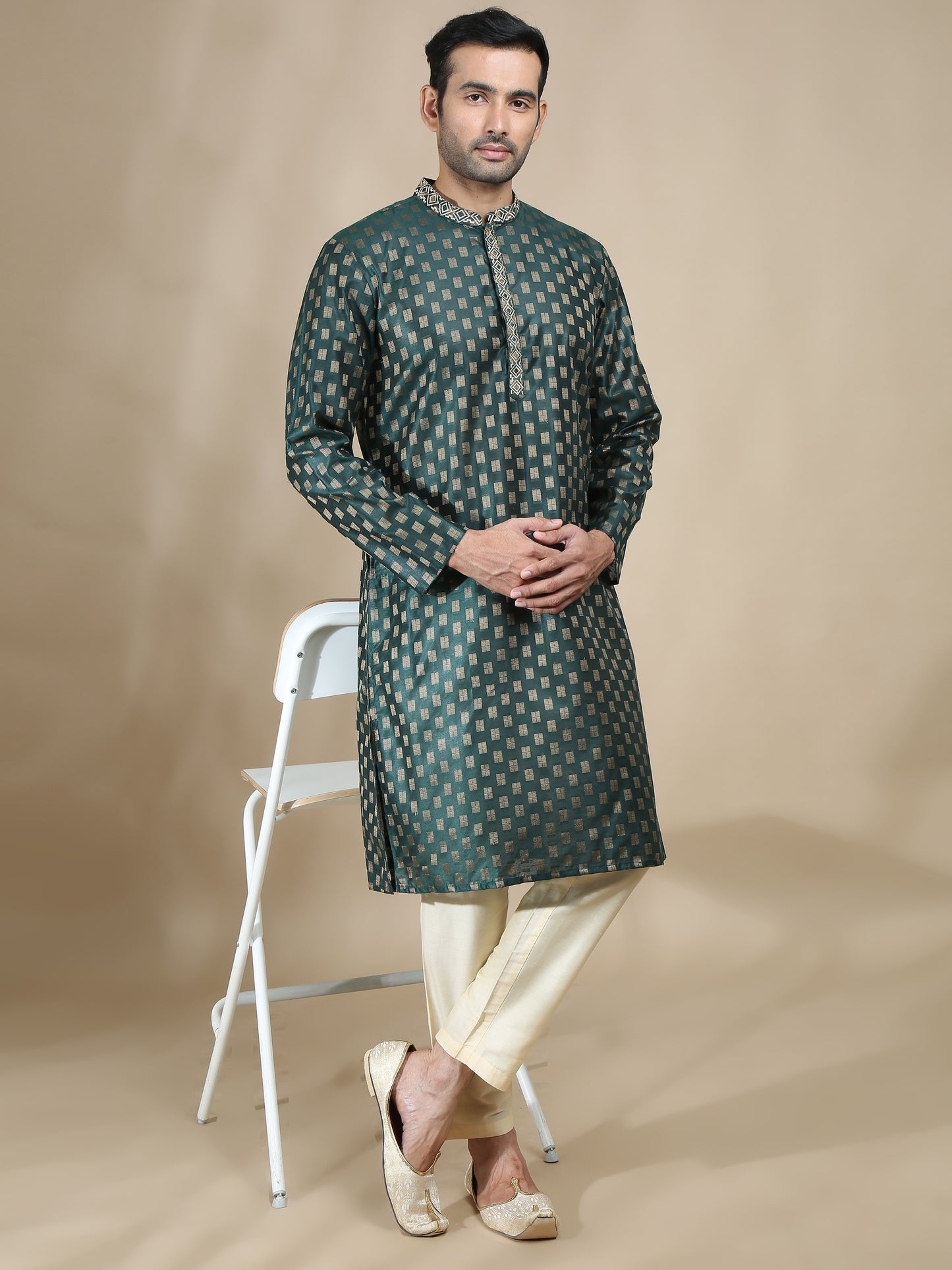 Embroidered Bottle Green Long Kurta for Men 