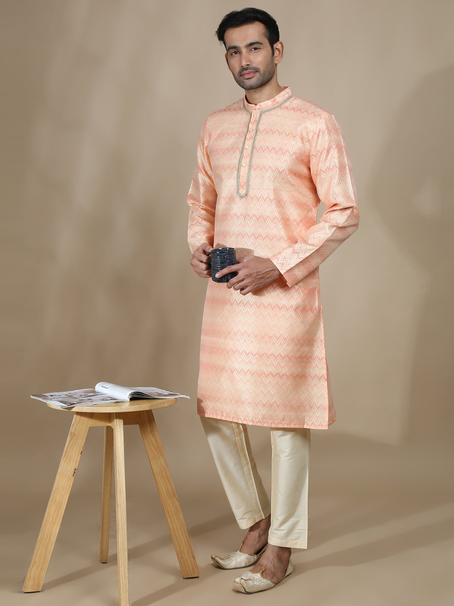 Peach and Grey Banarasi Brocade Long Kurta