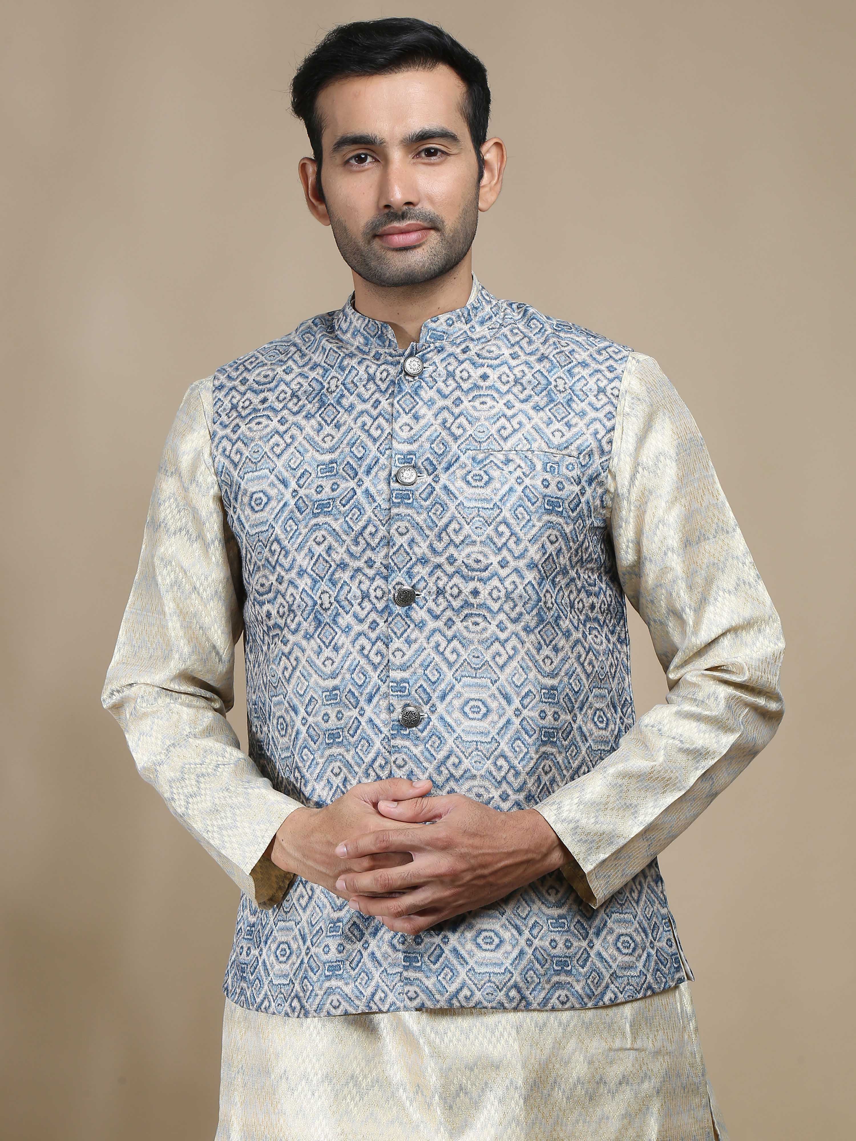 Blue and Beige Banarasi Nehru Jacket