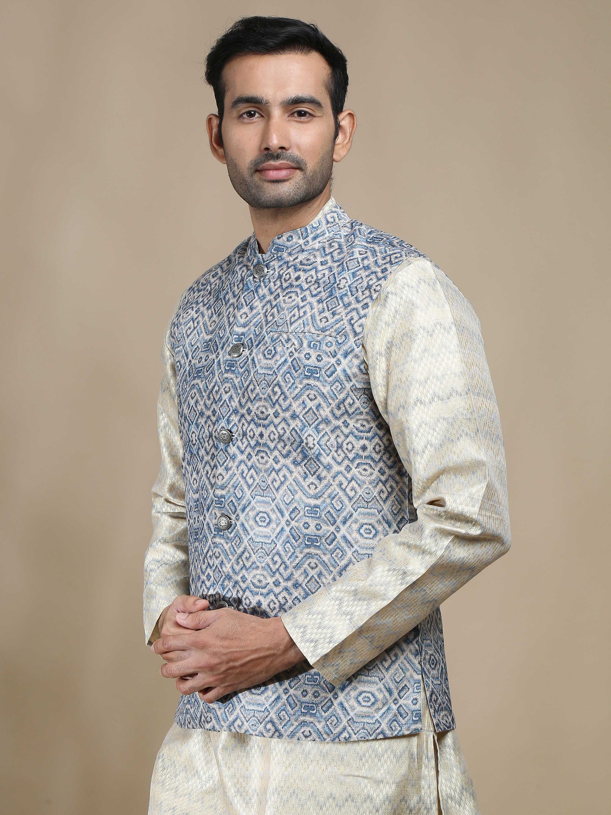 Blue and Beige Banarasi Nehru Jacket