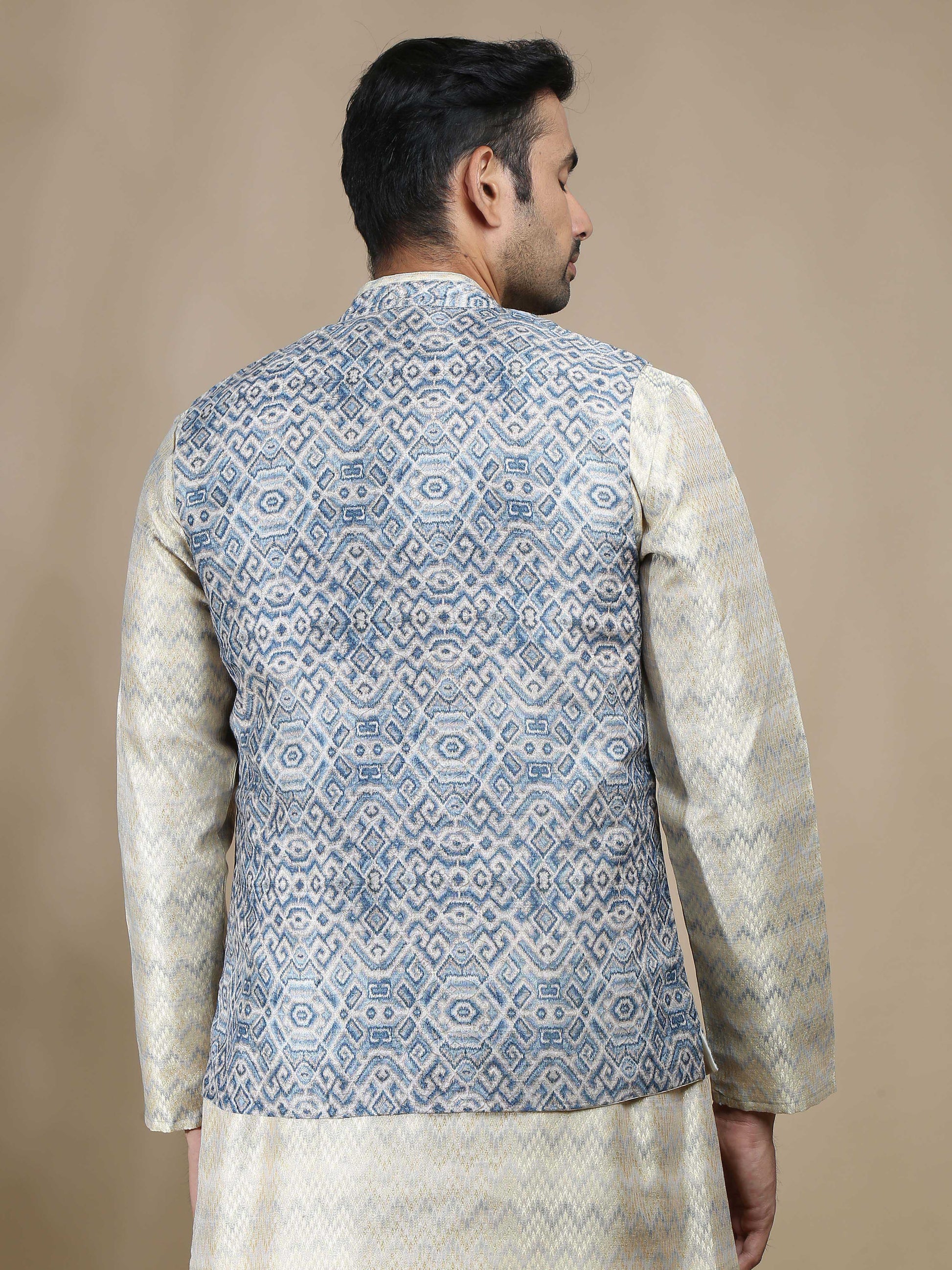 Blue and Beige Banarasi Nehru Jacket