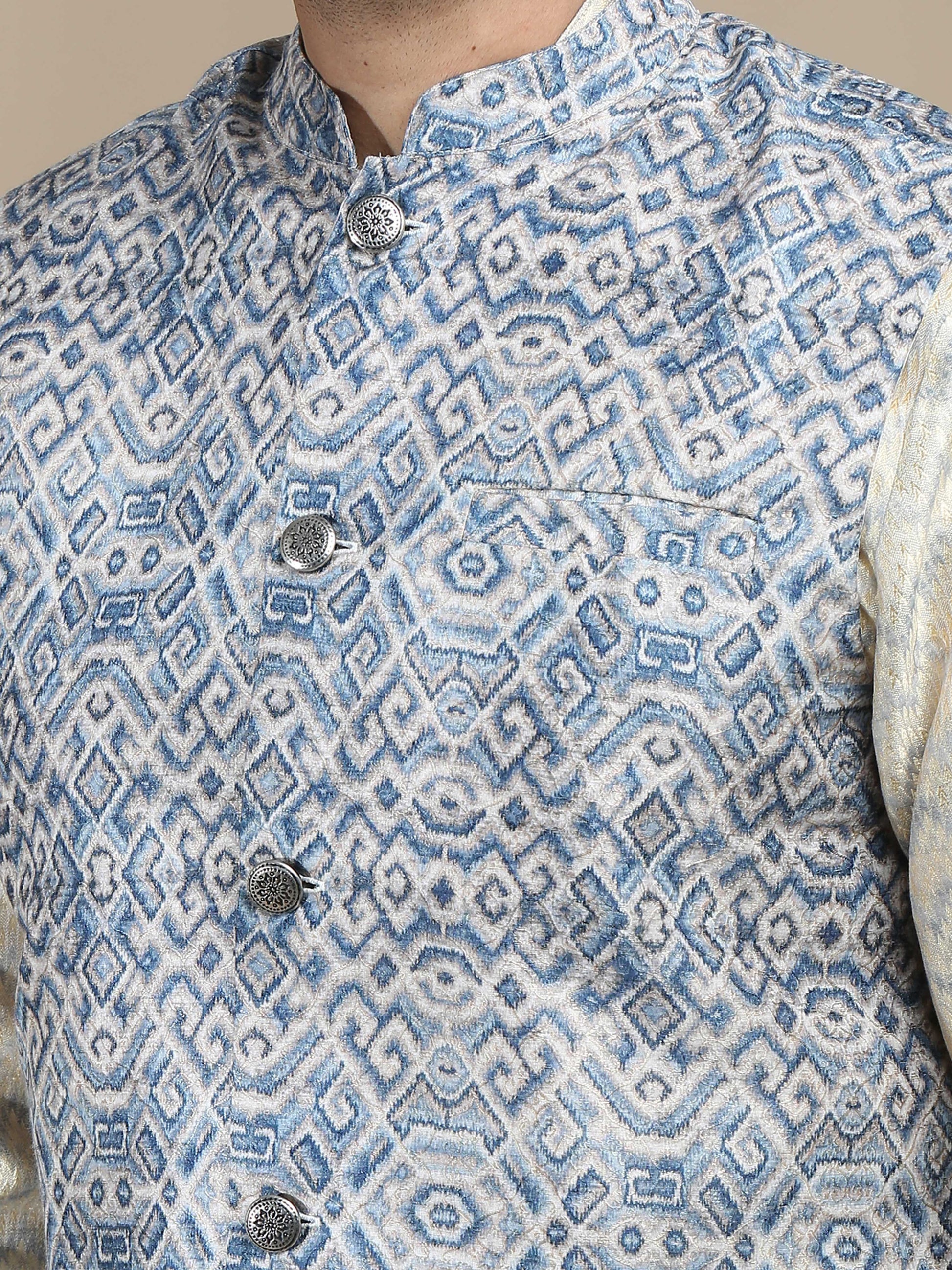 Blue and Beige Banarasi Nehru Jacket