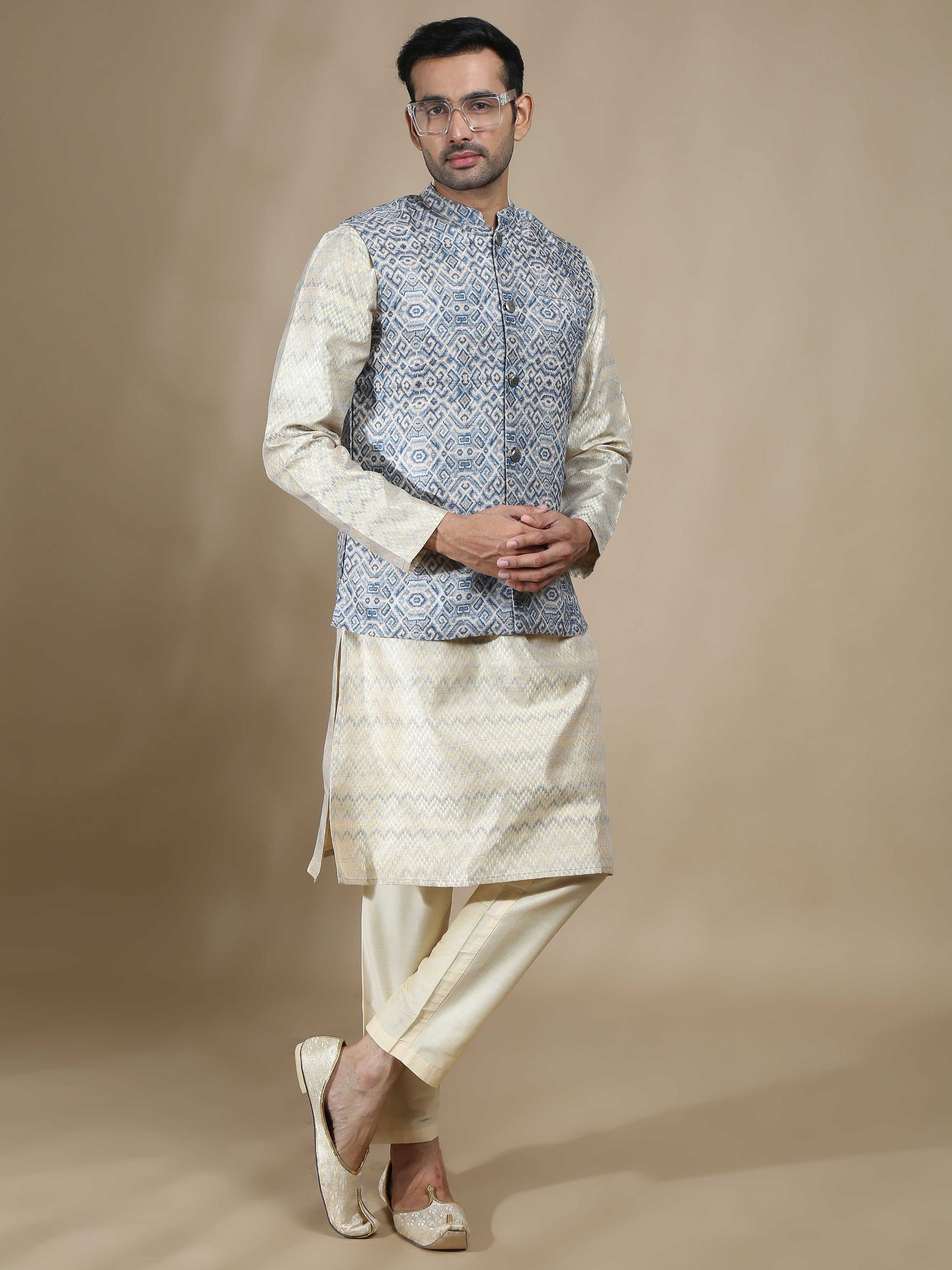 Blue and Beige Banarasi Nehru Jacket