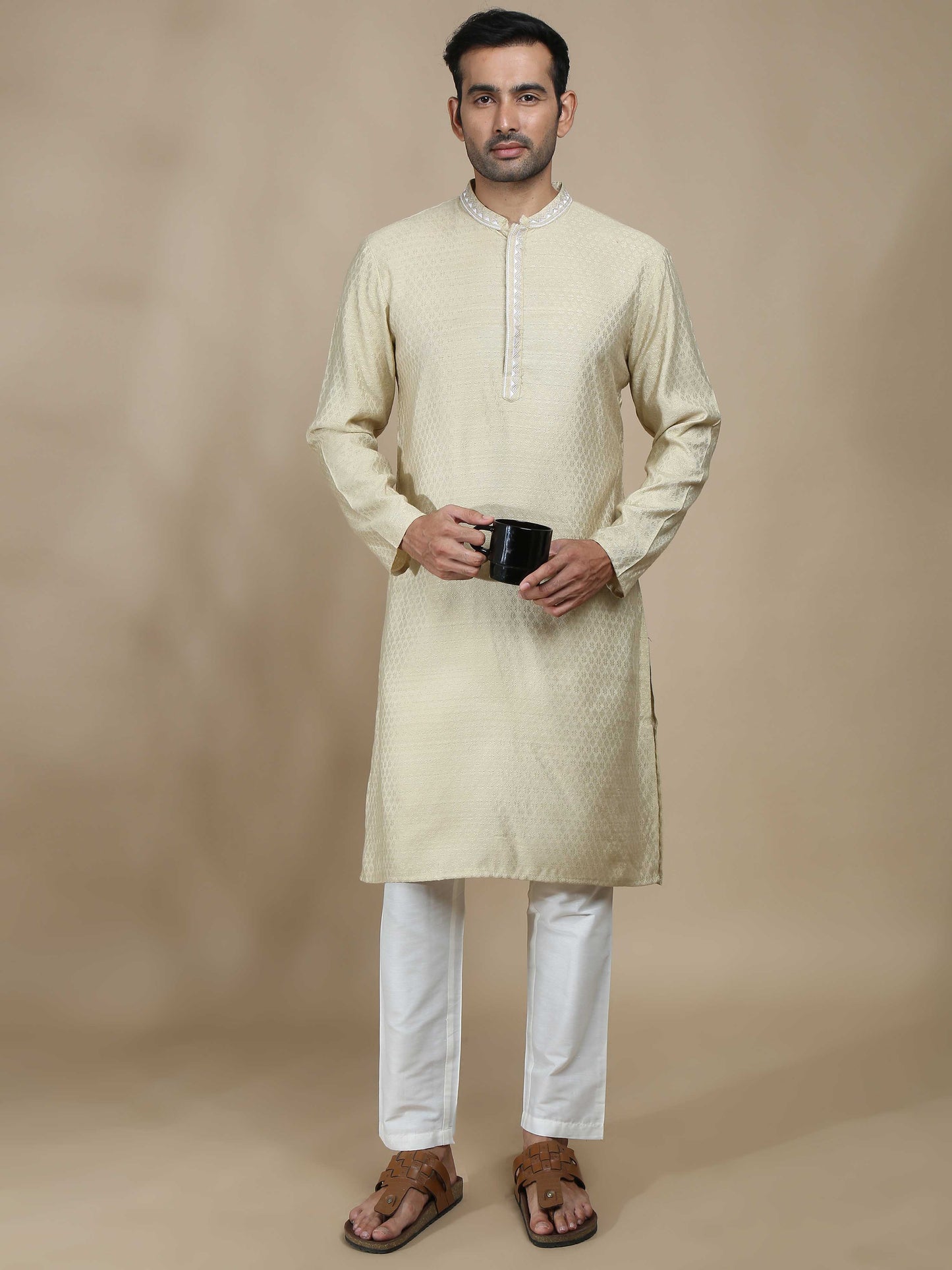 Light Yellow Embroidered Banarasi Long Kurta for Men