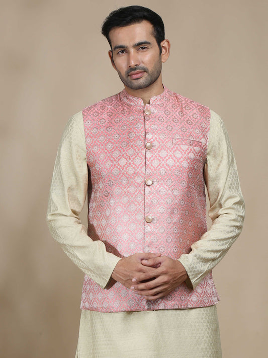 Light Pink Brocade Half Nehru Jacket for Men