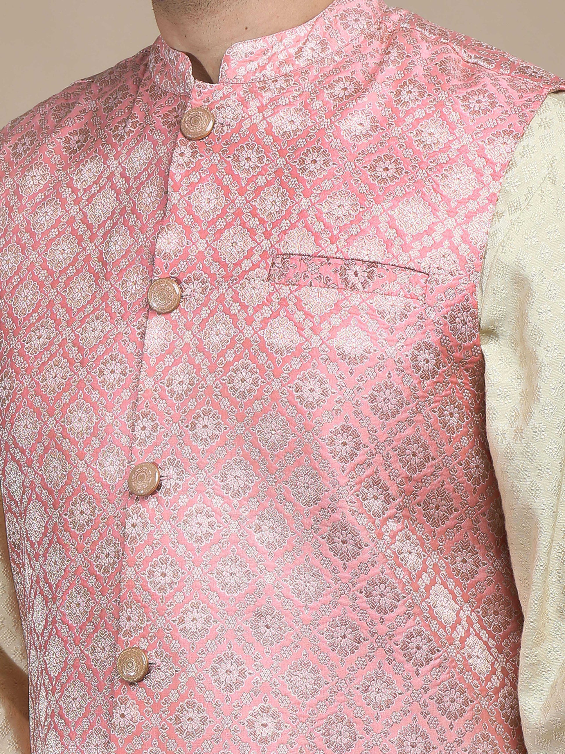 Shop Latest Light Pink Brocade Half Nehru Jacket for Men