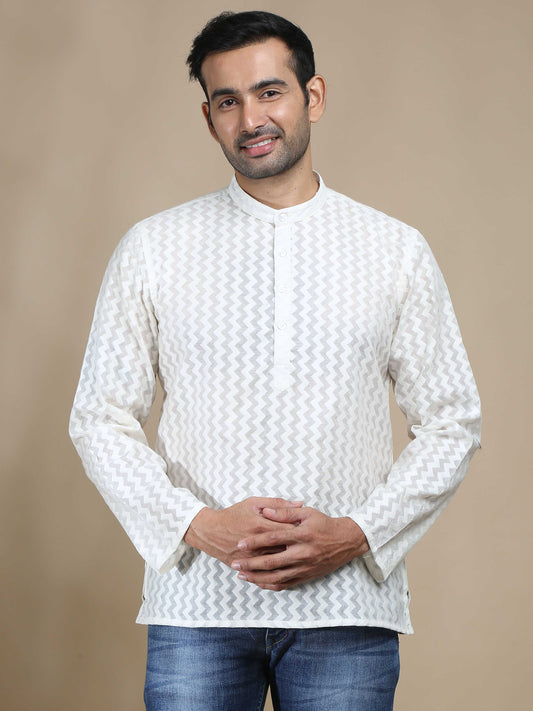 White Banarasi Kora Men's Short Kurta Shirt