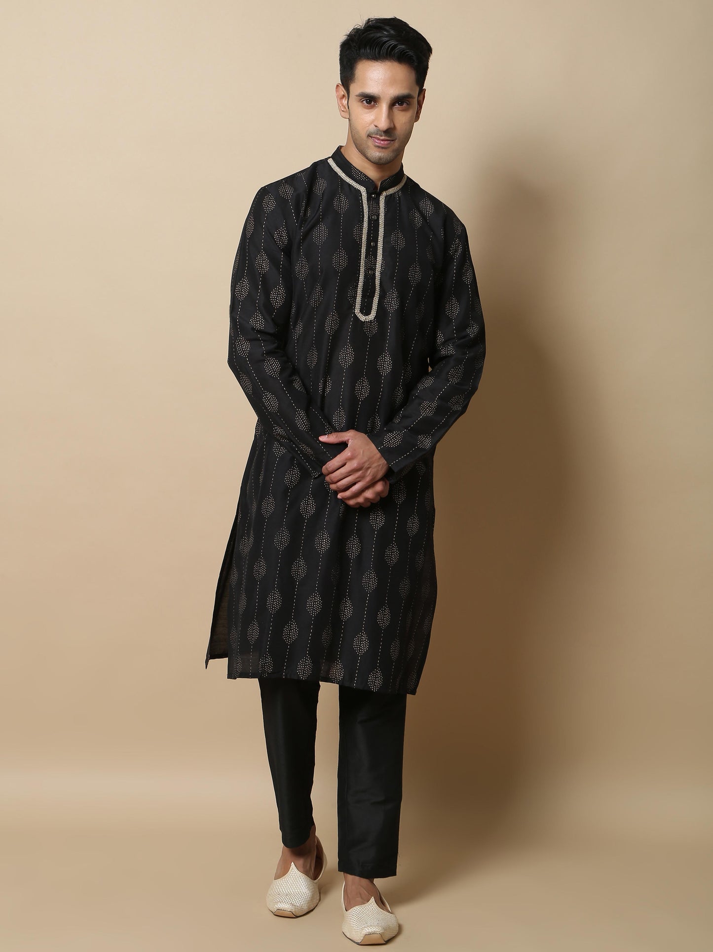 Black with Gold Khadi men's long kurtas 