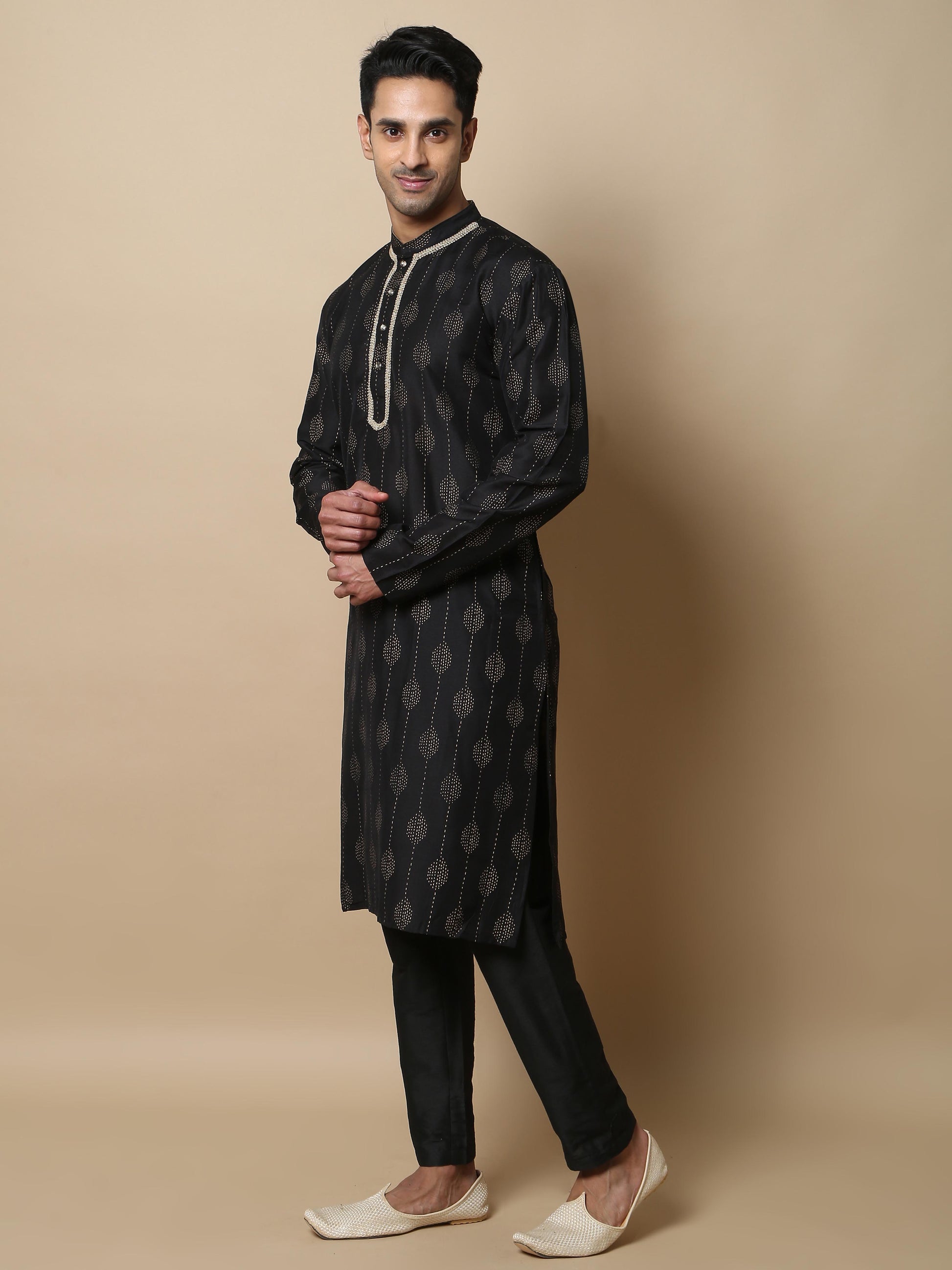 Black with Gold Khadi men's long kurtas 