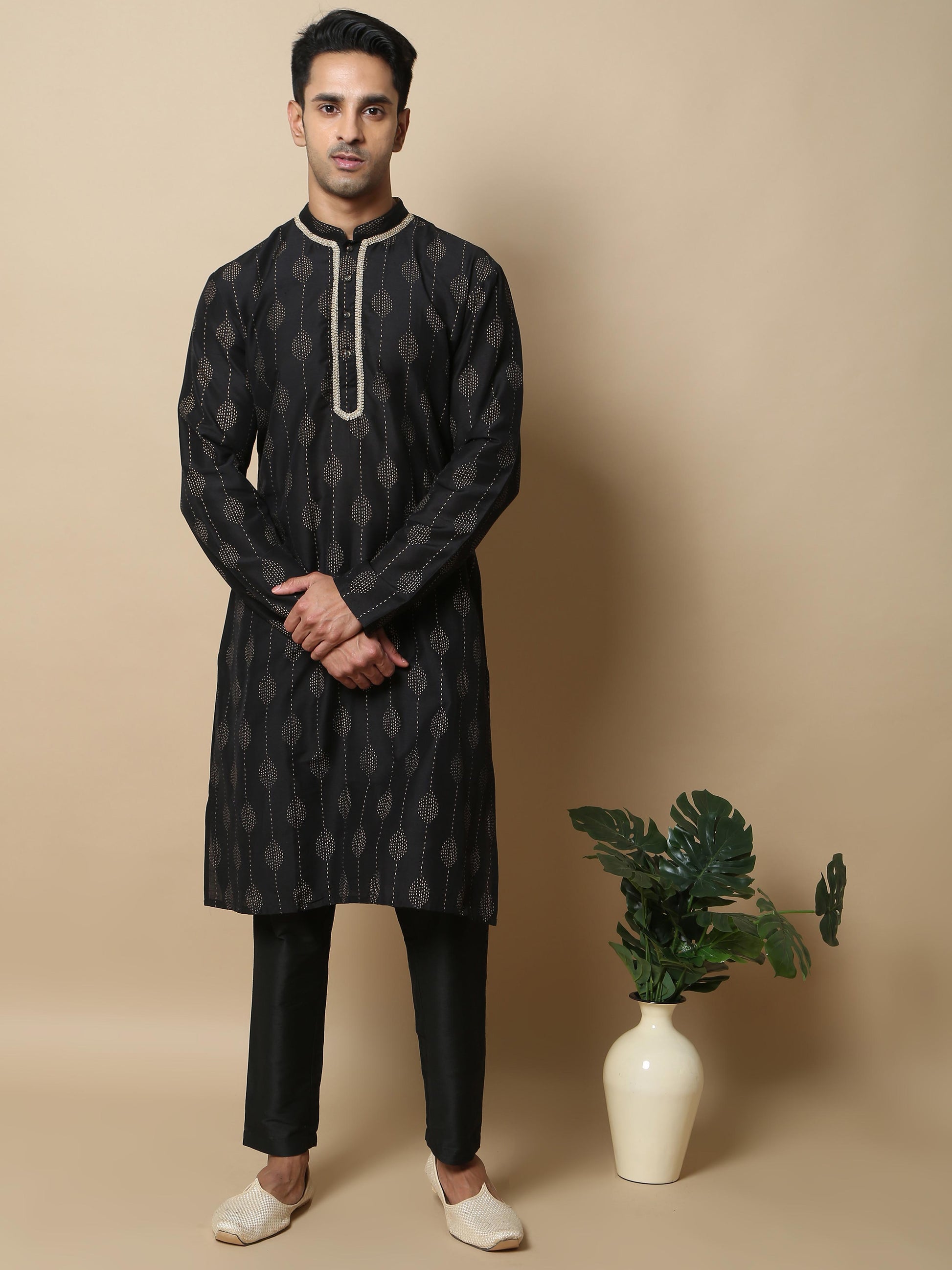 Black with Gold Khadi men's long kurtas 