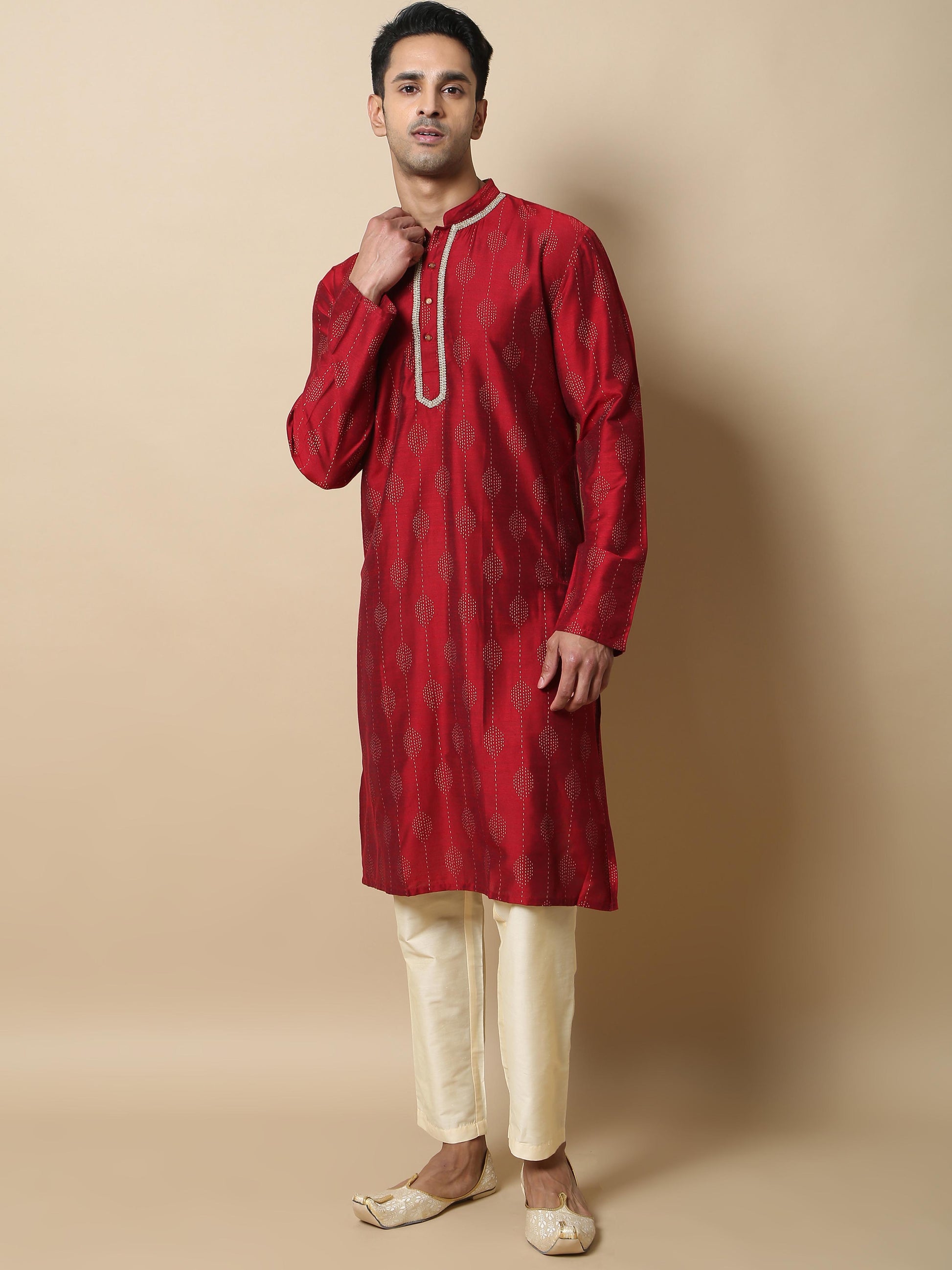 Maroon with Gold Khadi long kurta designs for mens