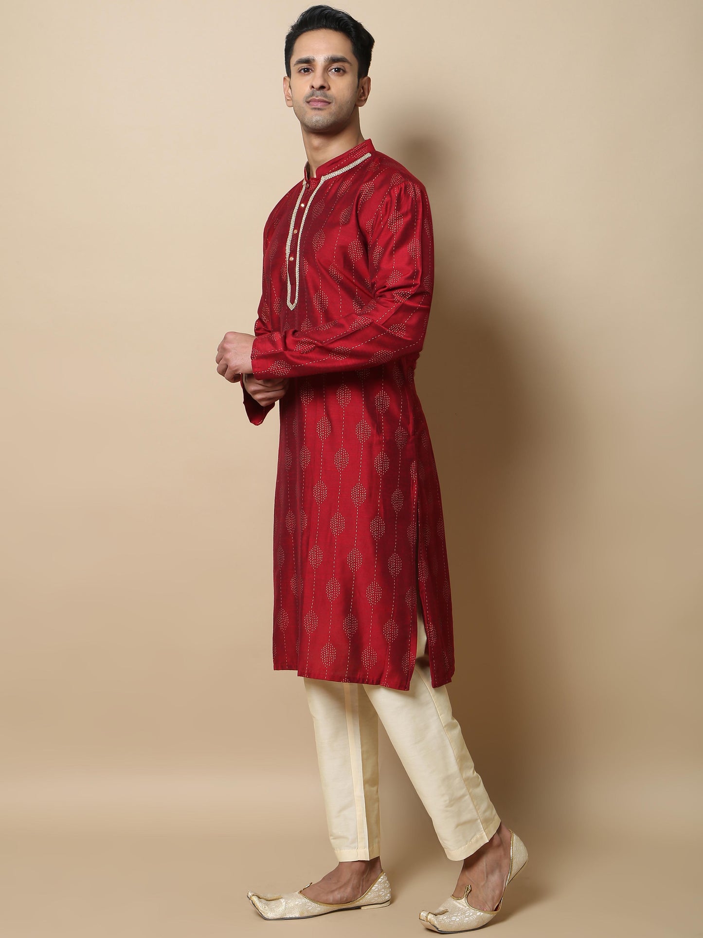 Maroon with Gold Khadi long kurta designs for mens