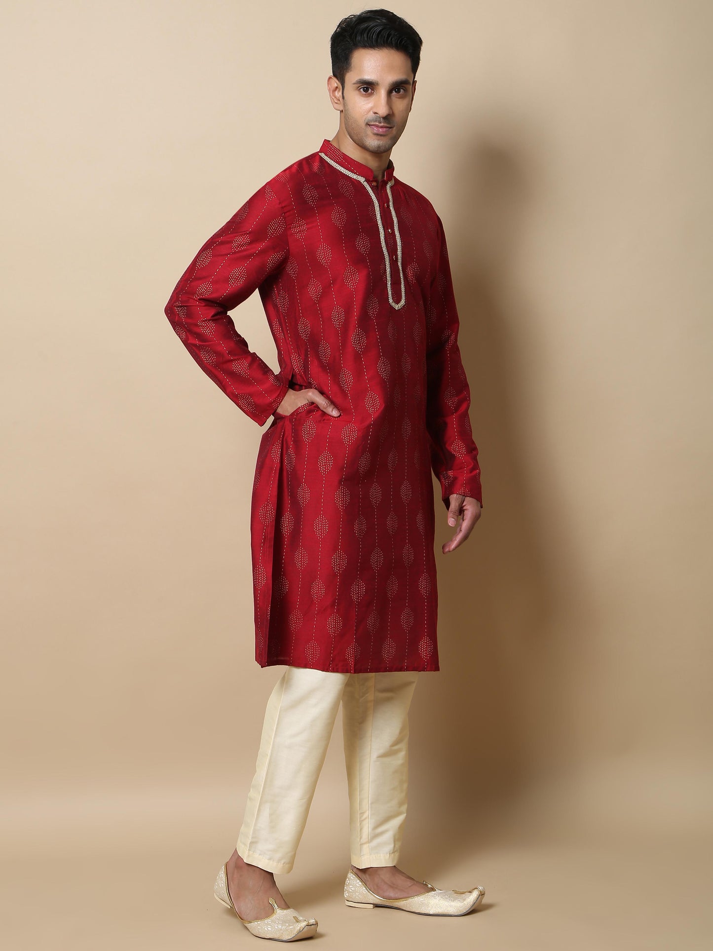 Maroon with Gold Khadi long kurta designs for mens