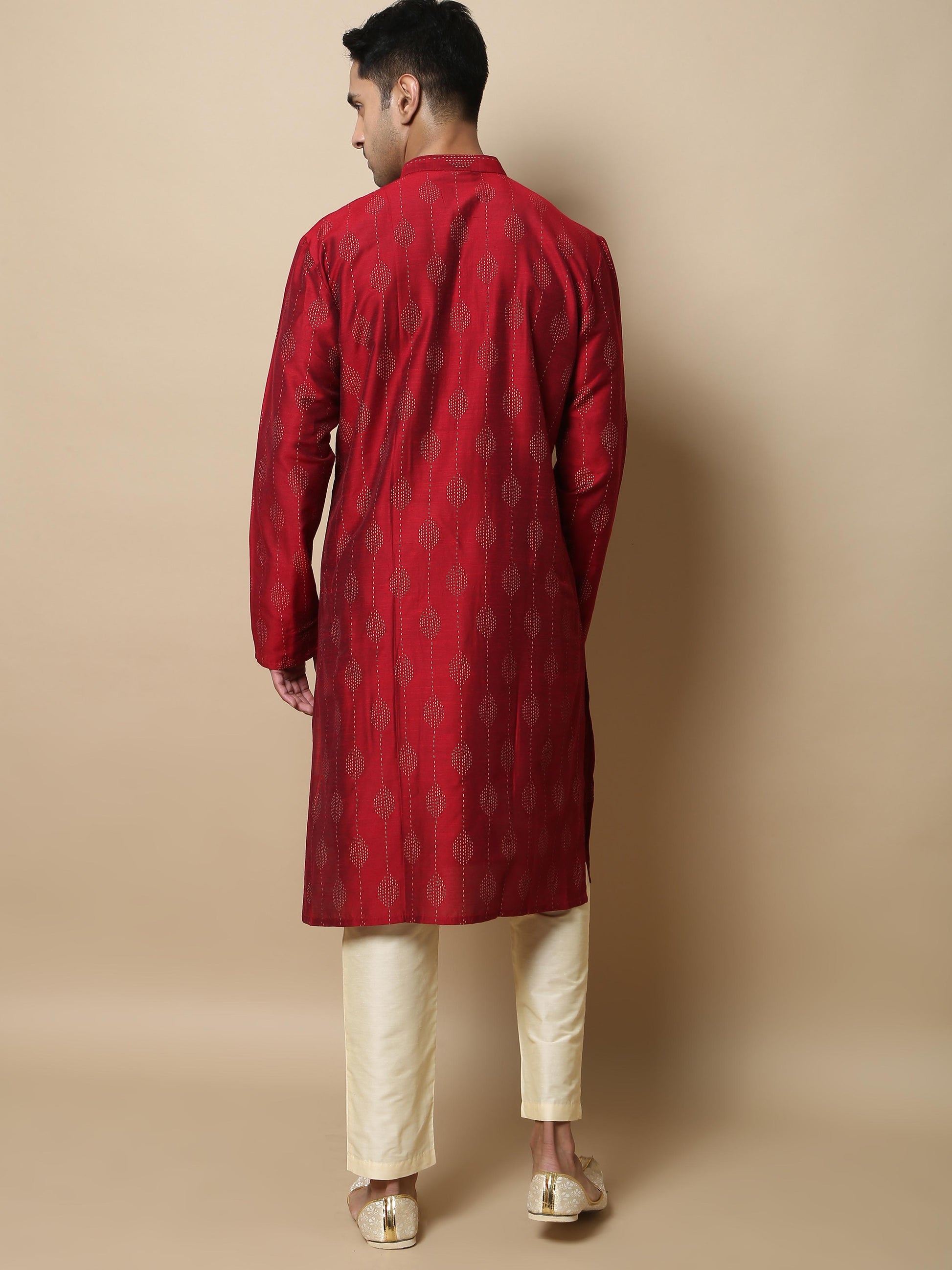 Maroon with Gold Khadi long kurta designs for mens