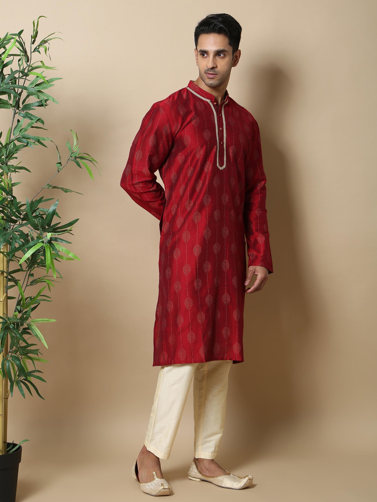 Maroon with Gold Khadi long kurta designs for mens