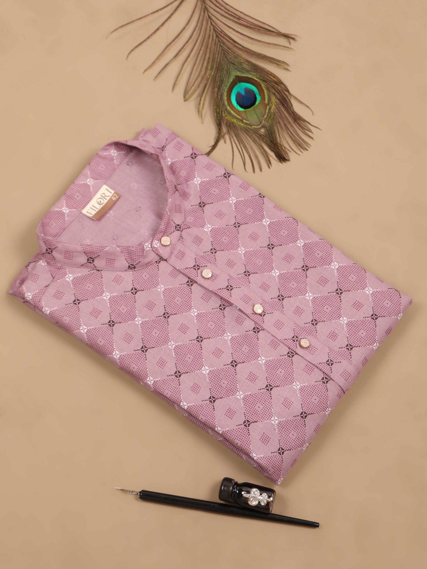 Fabric Lavender Printed Long Kurta for Men