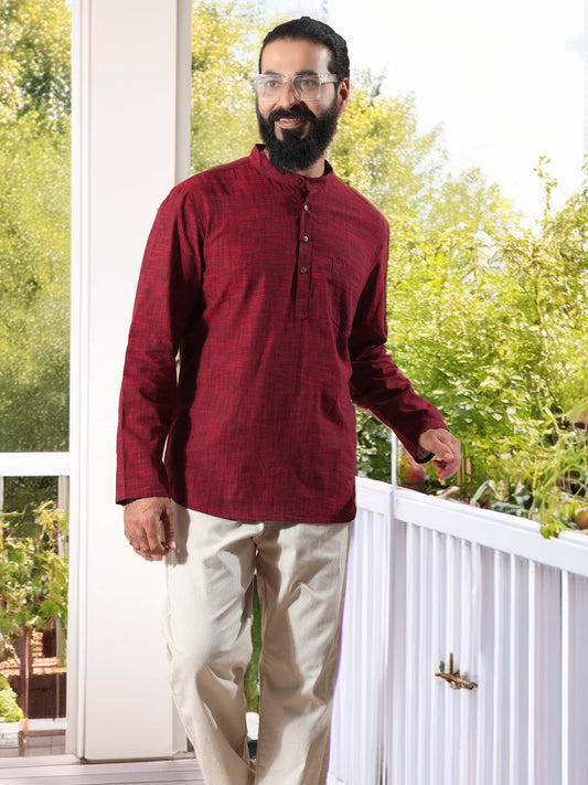 Maroon Cotton Self Textured Short Kurta