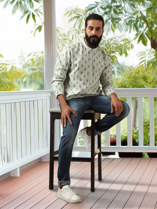 Pista Green Printed Short Kurta Full Sleeve