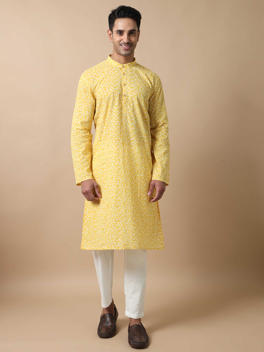 Floral Jaipur Print Long Yellow Kurta for Men