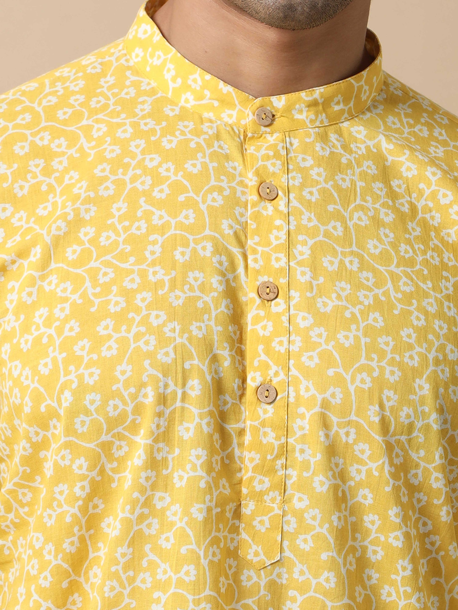 Floral Jaipur Print Long Yellow Kurta for Men