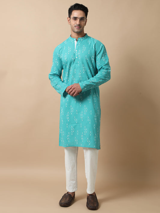 Teal Printed Jaipuri full sleeve kurtas for men