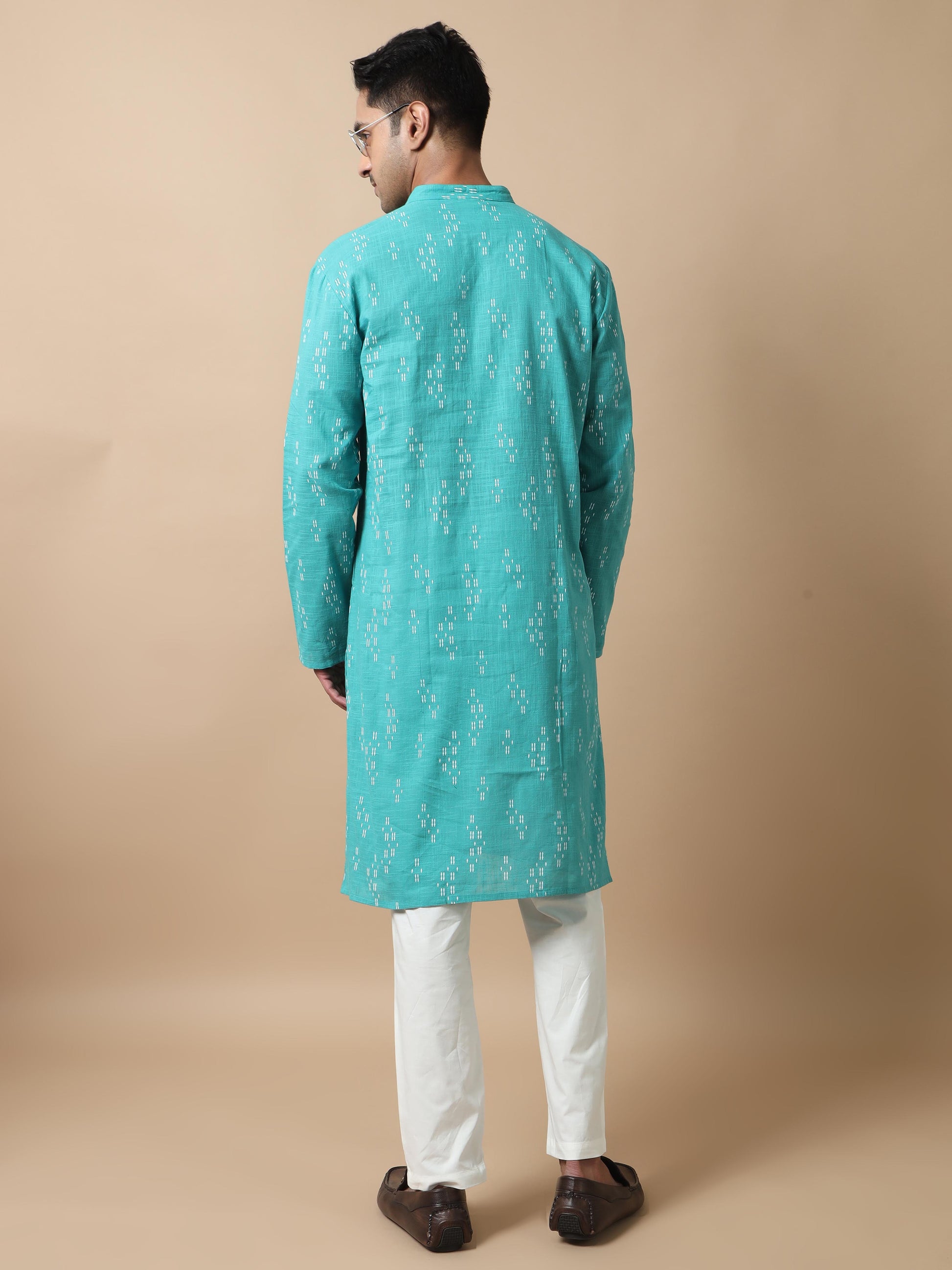 Teal Printed Jaipuri full sleeve kurtas for men