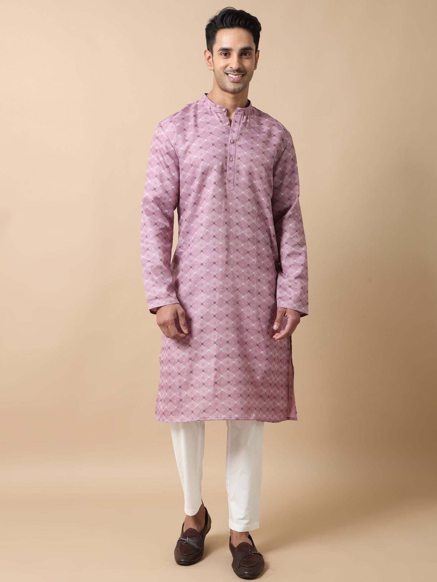 Fabric Lavender Printed Long Kurta for Men